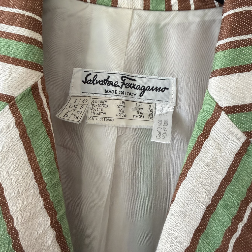 Vintage Salvatore Ferragamo Striped Linen & Silk Pantsuit | Made in Italy | US 8 - Picture 7 of 9
